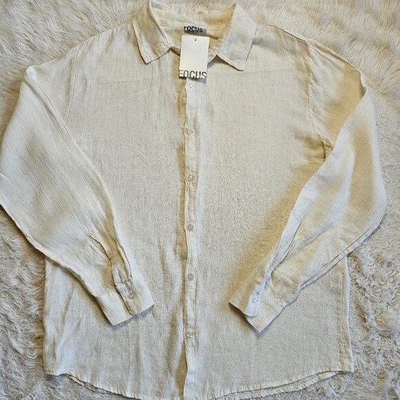 Focus Woman 100% Linen Cream Button Up Boyfriend Shirt Size M - Picture 2 of 10